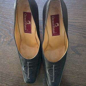 Black Leather Square-Toe Heels